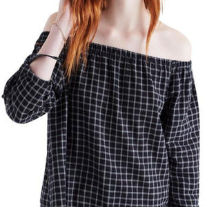 Madewell off the shoulder tie sleeve plaid top.